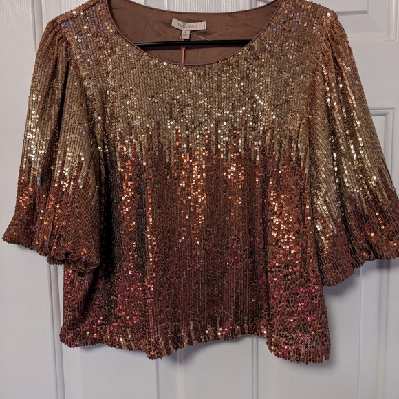 Skies Are Blue Copper Gold All Over Sequin Beaded Holiday Size M NWT Swifty Top - Picture 7 of 8